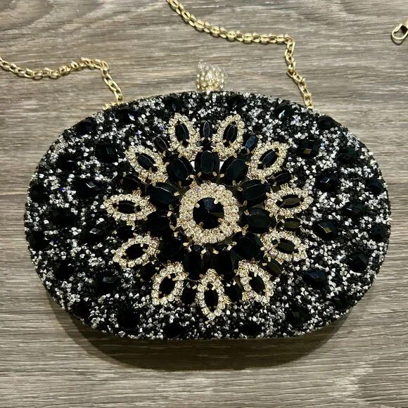 NEW Ramla Bejeweled Crystal Evening Bag Black Gold Chain Strap Top Handle Prom - Picture 5 of 11